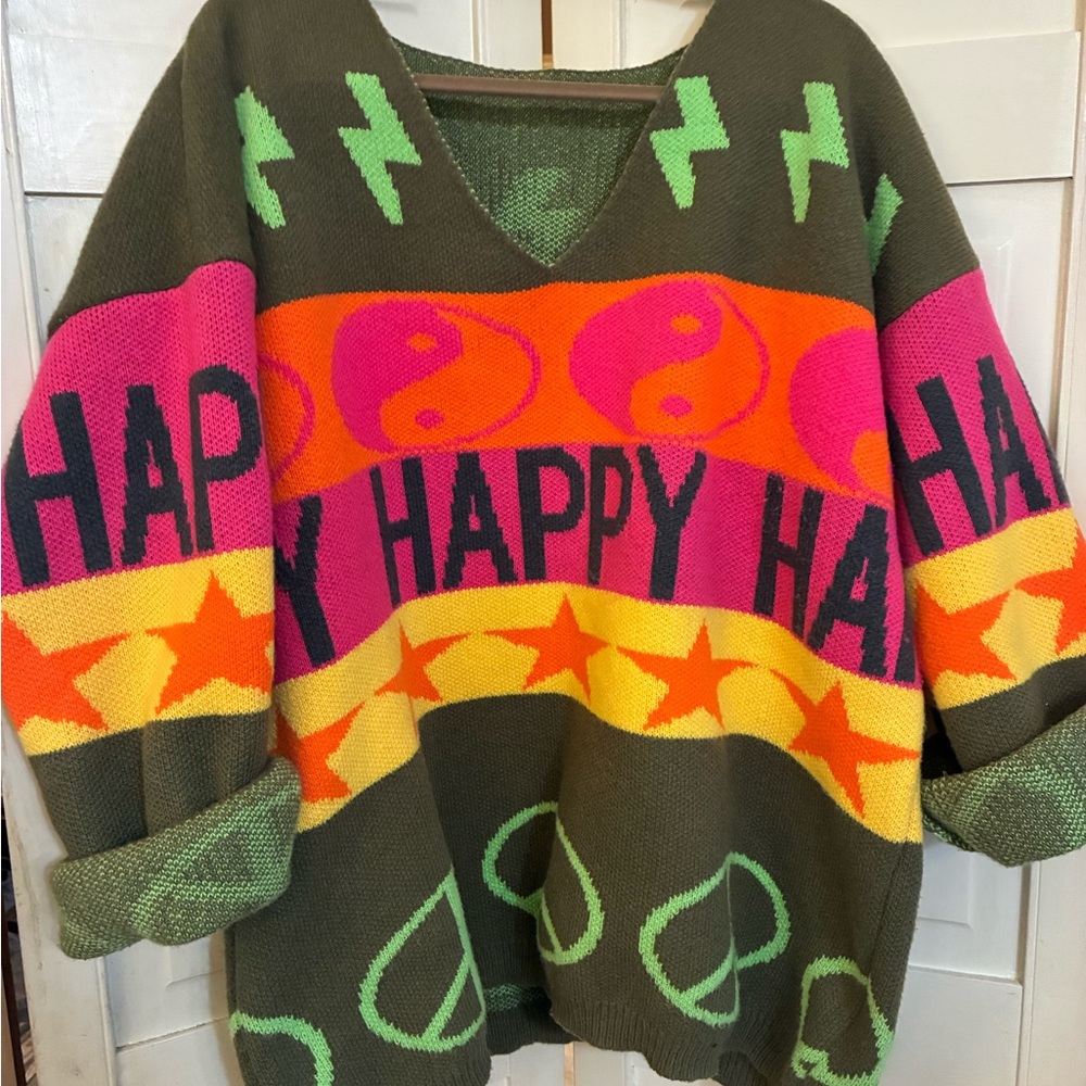 Colorful Graphic Women's Sweater happy and peace   Runs BIG!